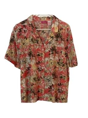 Vtg 90s Pappagallo Tropical Floral Blouse Short Sleeve XL Cotton Rayon